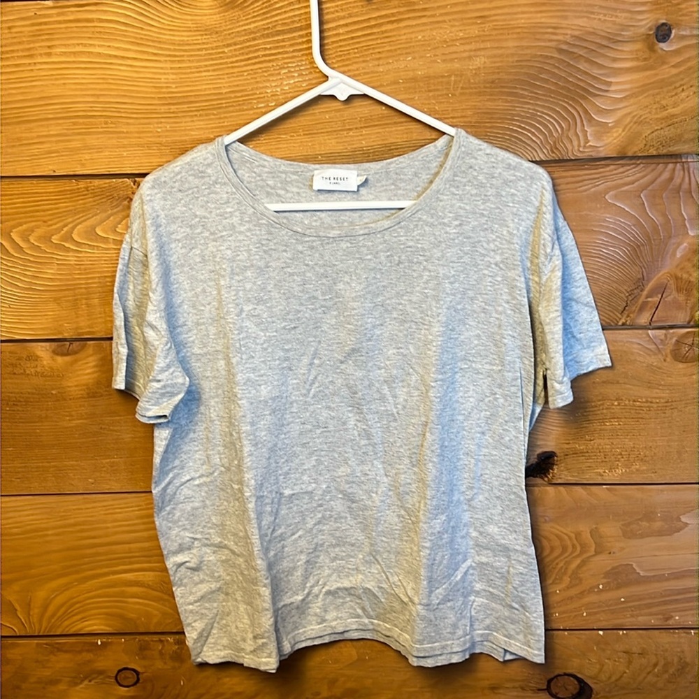The Reset R Label Top Large Gray Short Sleeve Linen Blend Blouse cropped Summer